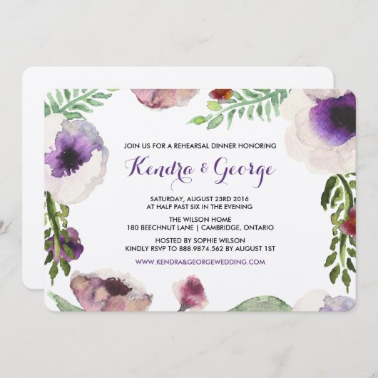 Lila Anemone Probe Abendessen mit Flora Einladung (Vorne/Hinten)