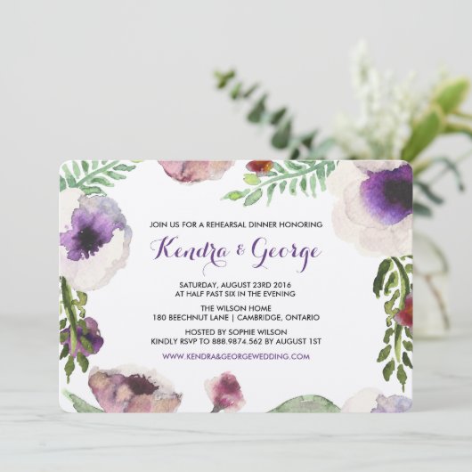 Lila Anemone Probe Abendessen mit Flora Einladung (Stehend Vorderseite)