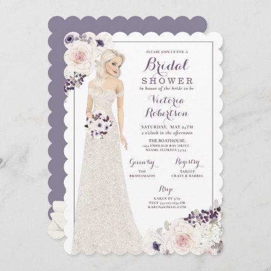 Lila Anemonenbrücke im Gown-Brautparty Einladung (Vorne/Hinten)