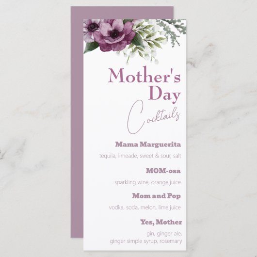 Lila Anemones Muttertagscocktails Menükarte (Vorne/Hinten)