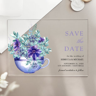 Lila Anemones Tea Cup Hochzeit Speichern Sie das D Acryleinladungen