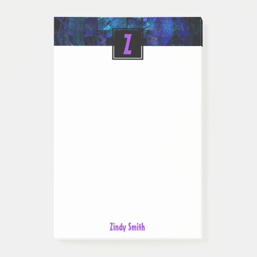 Lila Anfangsbuchstabenmonogramm über leuchtend bla Post-it Klebezettel (Vorderseite)