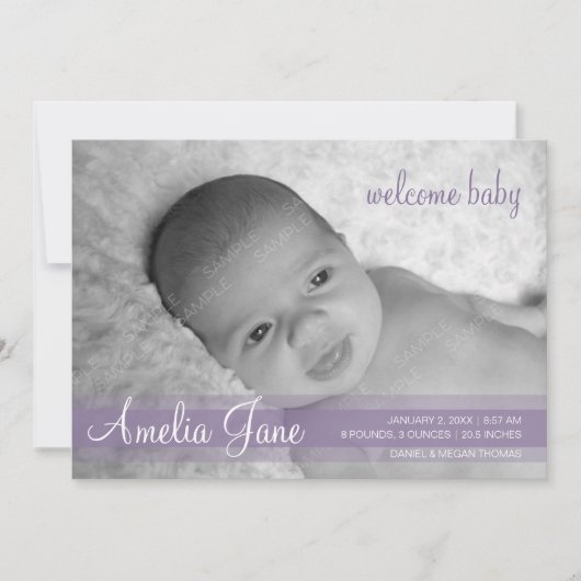 Lila Ankündigung des modernen Babys (Vorderseite)