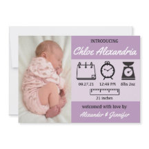 Lila Ankündigung von Baby Girl Birth Stats