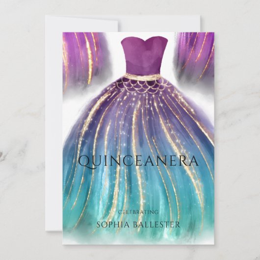 Lila Aqua Aquamarin Ombre Mermaid Kleid Quinceaner Einladung (Vorderseite)