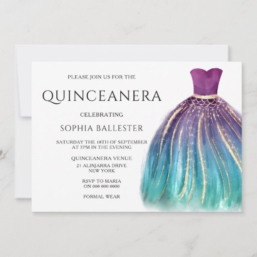 Lila Aqua Aquamarin Ombre Mermaid Kleid Quinceaner Einladung (Rückseite)