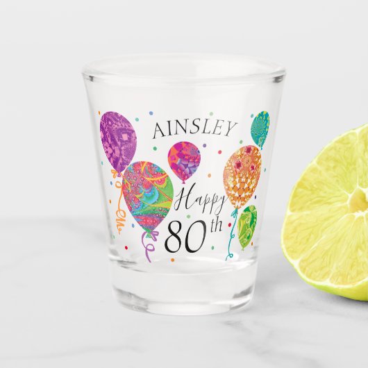 lila Aqua Birthday Balloons Individuelle Name Schnapsglas (Vorderseite)