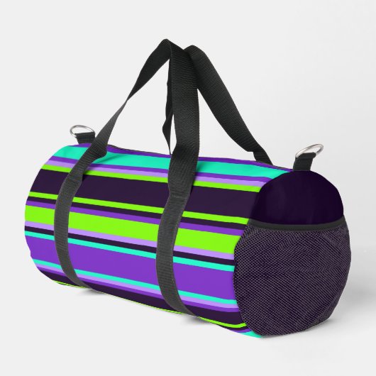 Lila, Aqua & Chartreuse Stripte Nähtasche Duffle Bag (Rechte Ecke)