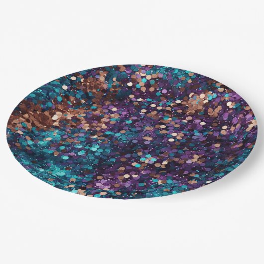 Lila Aqua Glam Bronze Mermaid Sparkle Pappteller (Schrägansicht)