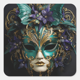 Lila Aqua Masquerade Masken Mardi Gras Drama Quadratischer Aufkleber