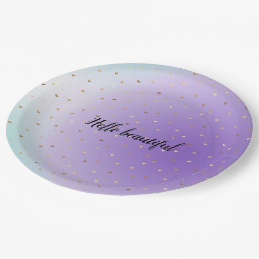 Lila Aqua Ombre Gold Herz personalisiert Pappteller (Schrägansicht)