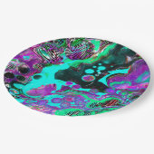 Lila, Aquamarin, blau, schwarz, Abstraktes Fluid Pappteller (Schrägansicht)