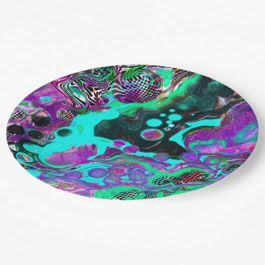 Lila, Aquamarin, blau, schwarz, Abstraktes Fluid Pappteller (Schrägansicht)