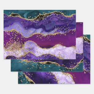 Lila & Aquamarin & Gold Glitzer Peacock Agate Geschenkpapier Set