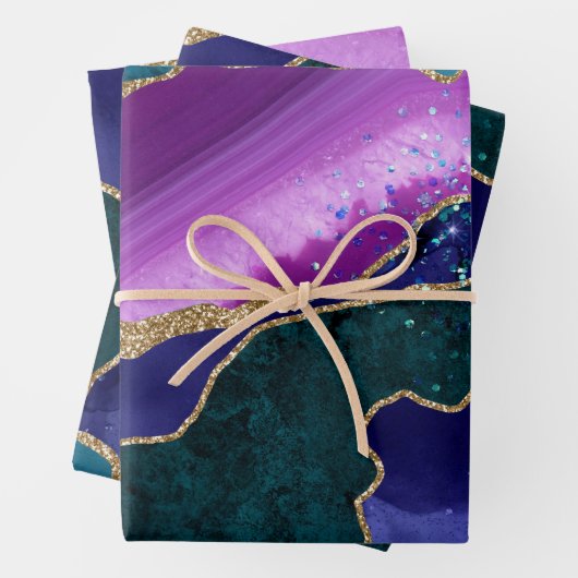 Lila & Aquamarin & Gold Glitzer Peacock Agate Geschenkpapier Set (Beispiel)