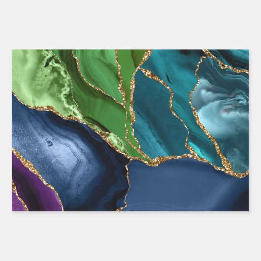 Lila & Aquamarin & Grün & Gold Glitzer Peacock Aga Geschenkpapier Set (Vorderseite 3)