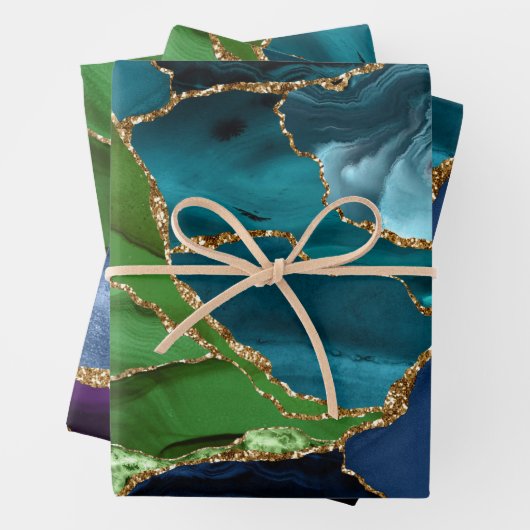 Lila & Aquamarin & Grün & Gold Glitzer Peacock Aga Geschenkpapier Set (Beispiel)