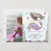 Lila Aquamarin Mermaid Turtle Foto Geburtstag Einladung (Vorderseite)