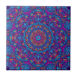 Lila, Aquamarin, Orange & Yellow Boho Mandala Fliese