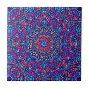 Lila, Aquamarin, Orange & Yellow Boho Mandala Fliese