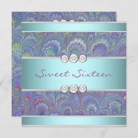 Lila Aquamarin Peacock Paisley Sweet 16 Party Einladung (Vorne/Hinten)