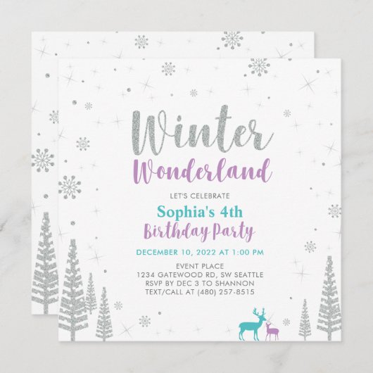 Lila & Aquamarin Winter Wonderland Girl zum Geburt Einladung (Vorne/Hinten)