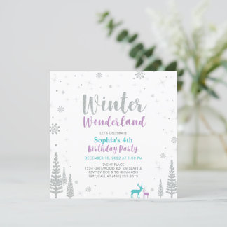 Lila & Aquamarin Winter Wonderland Girl zum Geburt Einladung