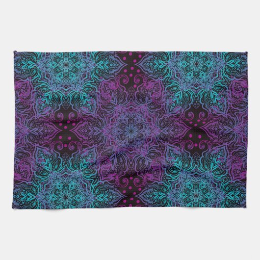 Lila Aquamarine Blaue Schneeflocke Mandala Schürze Geschirrtuch (Horizontal)