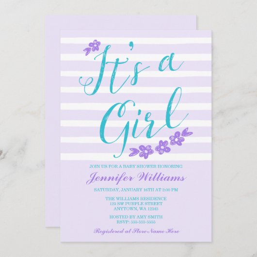 Lila Aquamarine Blume Streifen Kinderdusche Einlad Einladung (Vorne/Hinten)