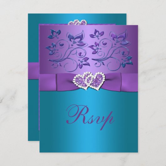 Lila, Aquamarine Blumenhörnchen-Monogramm-Hochzeit RSVP Karte (Vorne/Hinten)