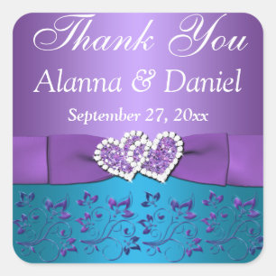 Lila, Aquamarine Blüte, Herz 1,5" q. Gastgeschenk Quadratischer Aufkleber