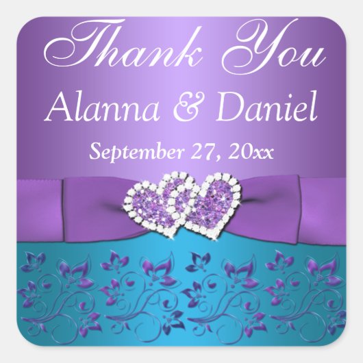 Lila, Aquamarine Blüte, Herz 1,5" q. Gastgeschenk Quadratischer Aufkleber (Vorderseite)