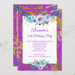 Lila Aquamarine Blüten Gold Geburtstagsparty Einladung