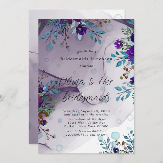 Lila Aquamarine Botanische Blumenbräute Luncheon Einladung (Vorne/Hinten)