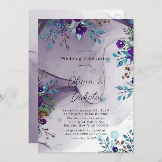 Lila Aquamarine Botanische Blumenkohlensalbe Hochz Einladung (Vorne/Hinten)