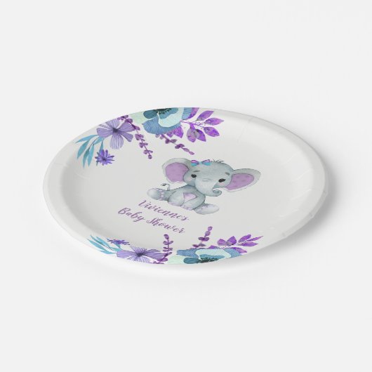 Lila Aquamarine Elefantenplatte 4 Kinderdusche, Ge Pappteller (Schrägansicht)