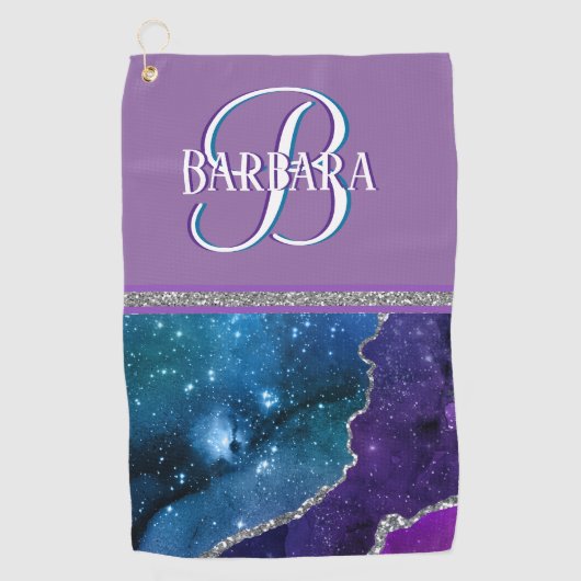 Lila Aquamarine Glitterie Silver Monogram Vorname  Golfhandtuch (Vorderseite)