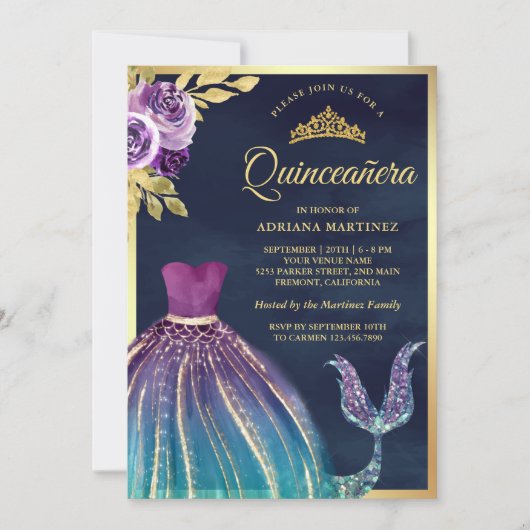 Lila Aquamarine Kleidung Mermaid Schwanz Navy Quin Einladung (Vorderseite)