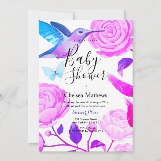 Lila aquamarine Kolibri Blumendusche Einladung (Vorderseite)