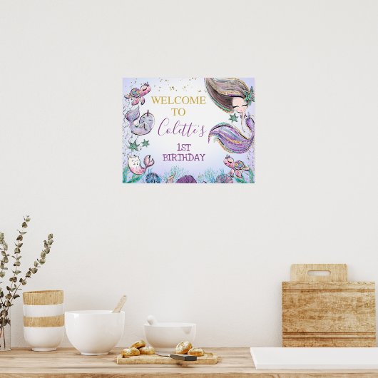Lila Aquamarine Mermaid Geburtstag Begrüßungszeich Poster (Küche)