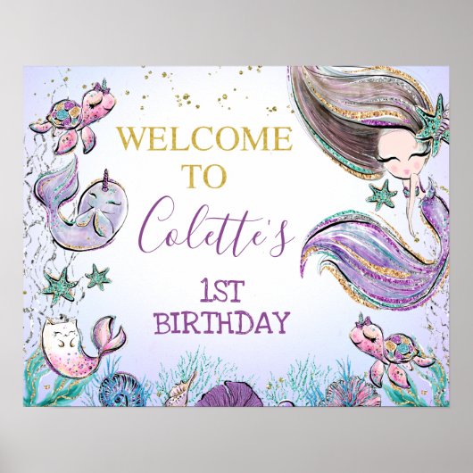 Lila Aquamarine Mermaid Geburtstag Begrüßungszeich Poster (Vorne)