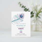 Lila aquamarine Pfauenhochzeit speichert die Daten Ankündigungspostkarte (Stehend Vorderseite)