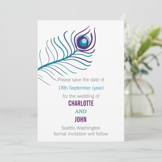 Lila aquamarine Pfauenhochzeit speichert die Daten Save The Date (Stehend Vorderseite)
