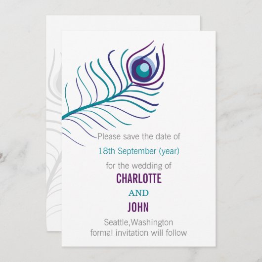 Lila aquamarine Pfauenhochzeit speichert die Daten Save The Date (Vorne/Hinten)