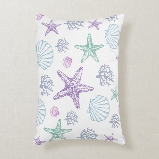 Lila Aquamarine Seashell Starfish Muscheln Dekokissen (Vorderseite(Vertikal))