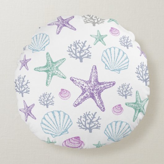 Lila Aquamarine Seashell Starfish Muscheln Rundes Kissen (Vorderseite)