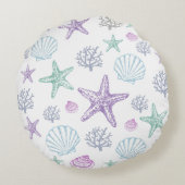Lila Aquamarine Seashell Starfish Muscheln Rundes Kissen (Rückseite)