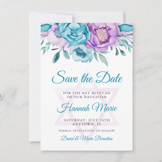 Lila Aquamarine Wasserfarbe Floral Bat Mitzvah Save The Date (Vorderseite)
