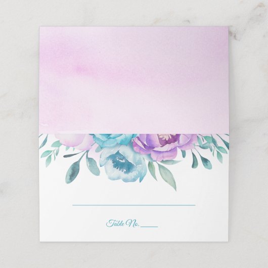 Lila Aquamarine Wasserfarbe Platzkarte (Außenseite Aufgefaltet)