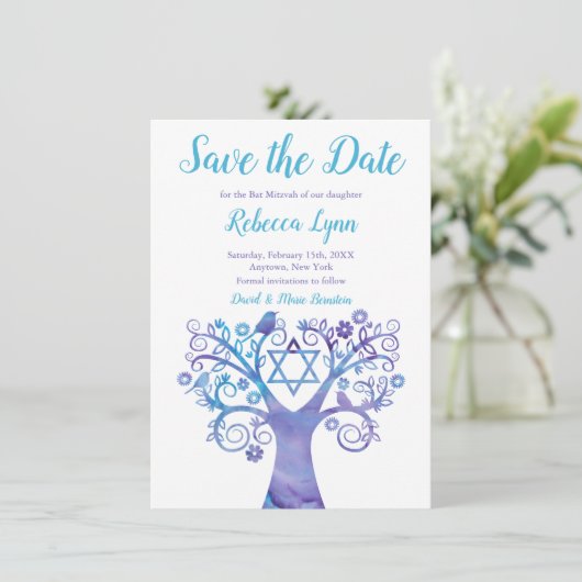 Lila Aquamariner Aquarellbaum Bat Mitzvah Save The Date (Stehend Vorderseite)